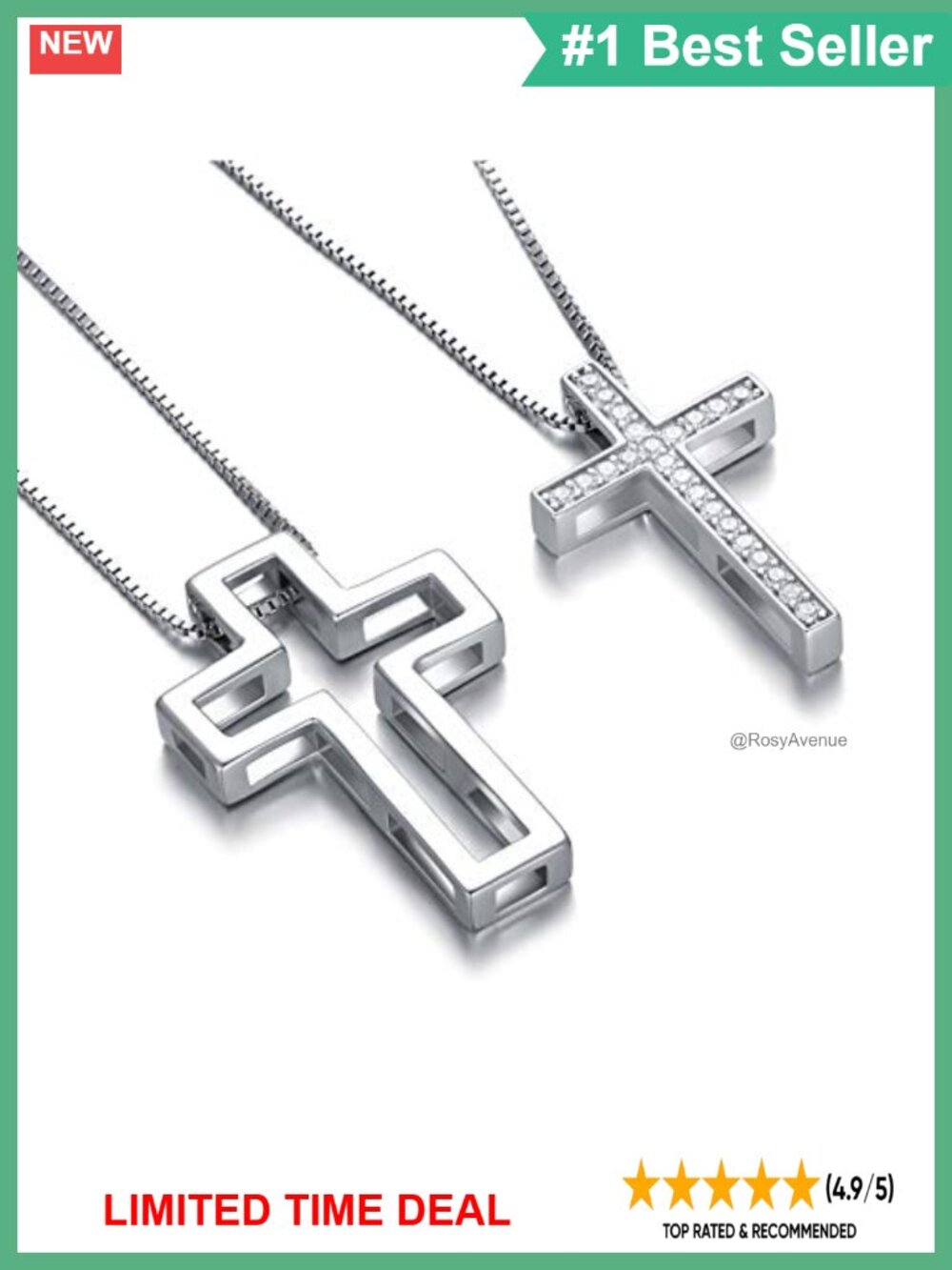 925 Sterling Silver Matching Cross Necklace Set with CZ, 18+2" Chain